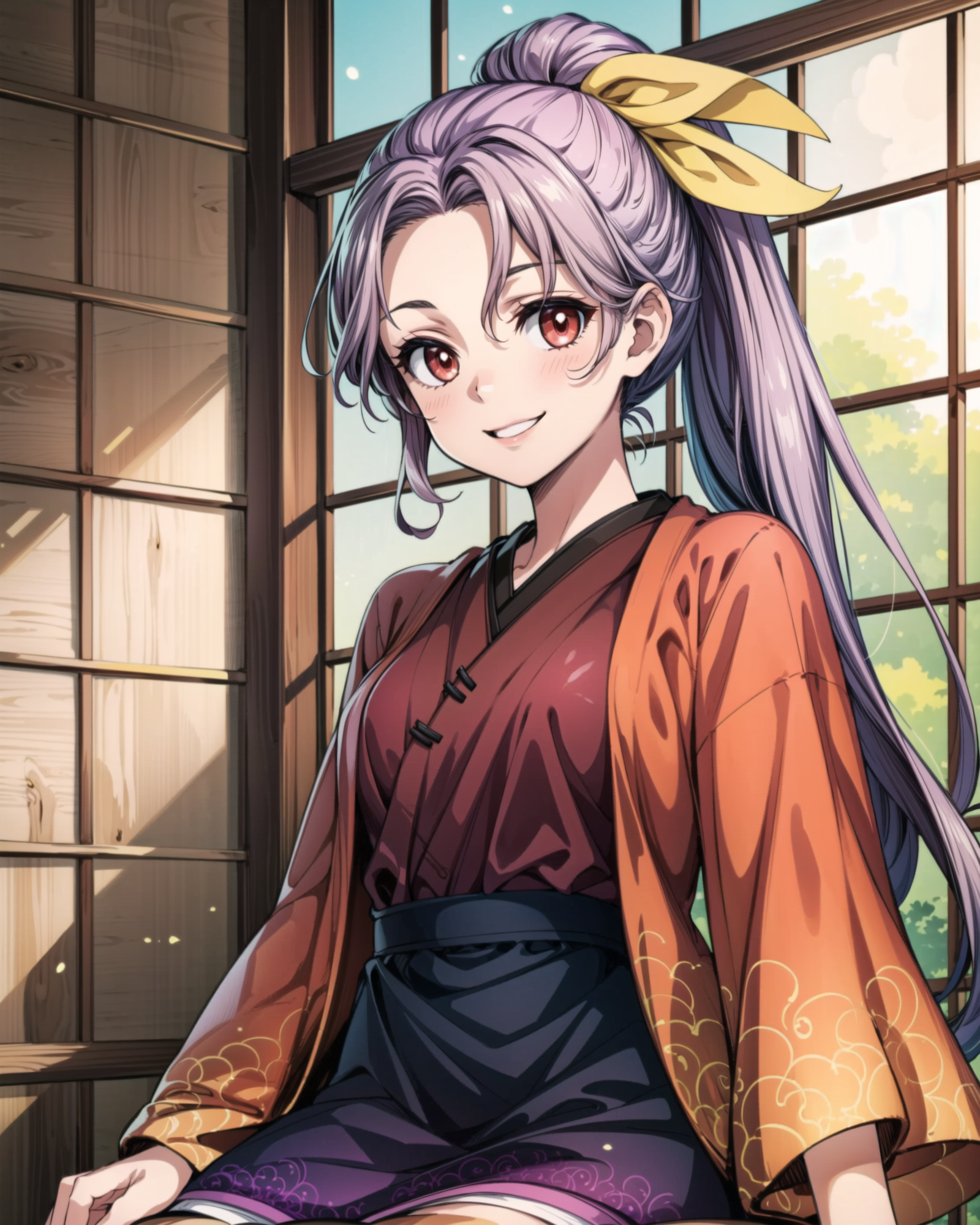 01461-835539795-, cowboy shot, solo, 1girl, komakusa sannyo, smile, looking at viewer, sitting, ponytail, hair ribbon, japanese clothes, red kim.png